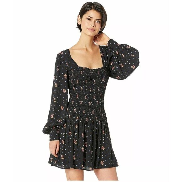 Free People Dresses & Skirts - Free People Black Floral Star-Print Smocked long sleeve Mini Dress Size Small